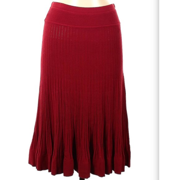 Donna Karan Designer Ruby Red Sweater Skirt Stretch Knit Flared Fluted Tulip Hem - Picture 7 of 7